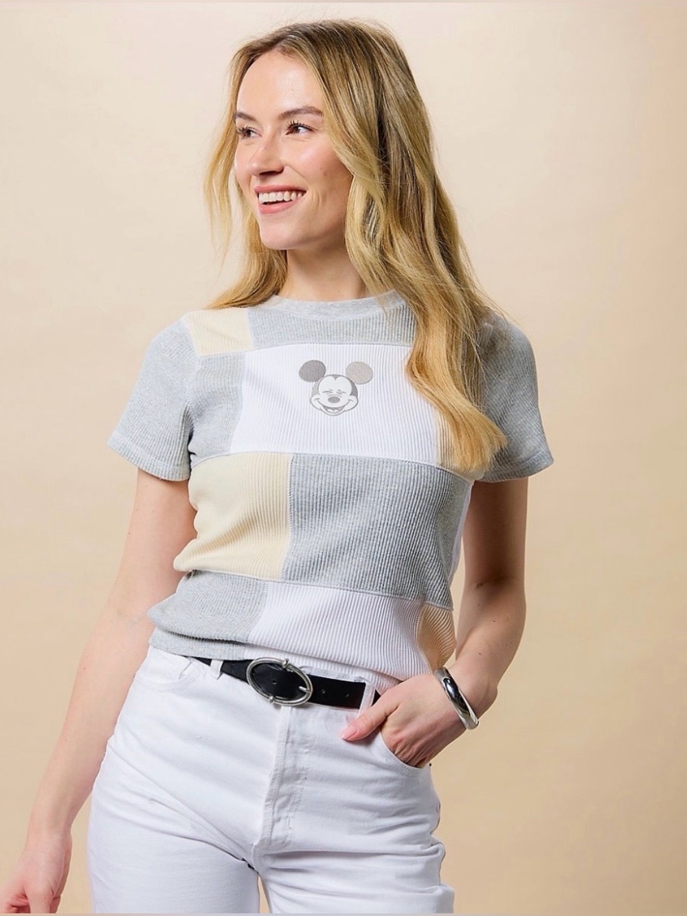 Disney Mickey Mouse Grey Patchwork Large Her Universe Crewneck Crop Top New